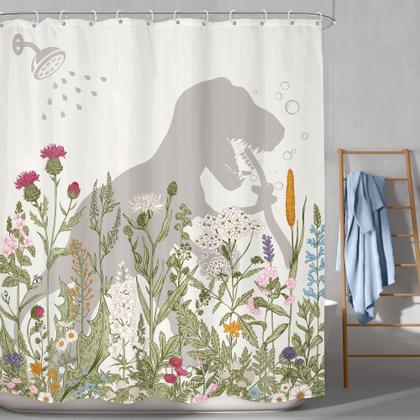 Imagem de Conjunto de banheiro com cortina de chuveiro infantil Lghtyro Dinosaur Wildflower, 60 L x 71 A polegadas, silhueta de dinossauro, floral, rústica, folhas de plantas, acessórios de banho botânicos para meninos, arte, decoração de casa, tecido, pacote com 12 ganchos