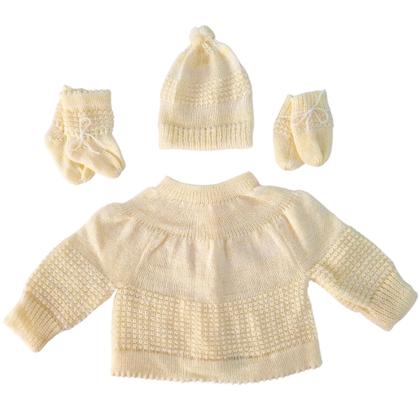 Imagem de Conjunto de bebê recém nascido kit com 3 peças (casaco, luva, gorro e sapatinho de lã) cordão