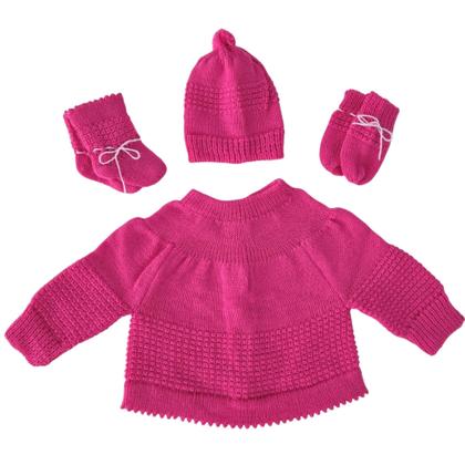 Imagem de Conjunto de bebê recém nascido kit com 3 peças (casaco, luva, gorro e sapatinho de lã) cordão