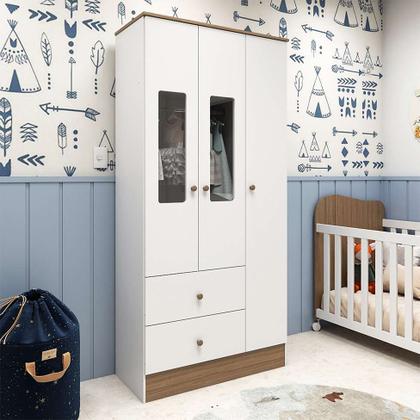 Imagem de Conjunto de Berço Minicama com Guarda-Roupa Ben Flex 3 PT 2 GV Branco e Carvalho