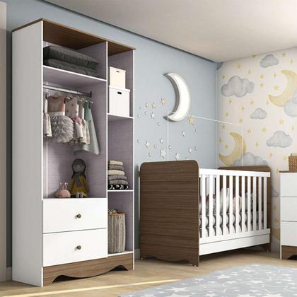 Imagem de Conjunto de Berço Minicama com Guarda-Roupa Ben Flex 3 PT 2 GV Branco e Carvalho