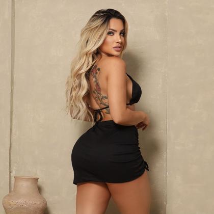 Imagem de Conjunto de biquini asa delta 3 peças top com bojo removivel calcinha fio duplo  e saia 