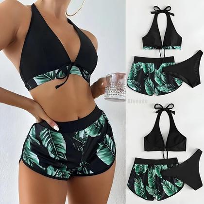 Imagem de Conjunto De Biquíni Feminino De Cintura Alta Com Estampa De Folhas, Três Peças, Roupa De Banho Sexy