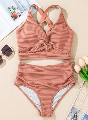 Imagem de Conjunto de biquíni feminino Herseas Knot Twist, decote em V, cintura alta, rosa