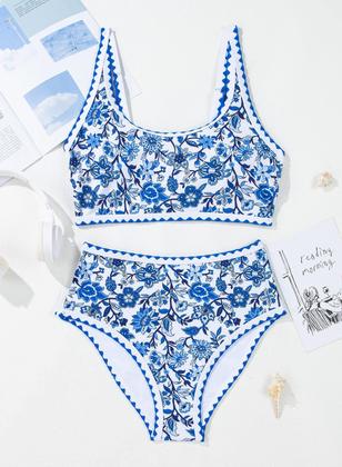 Imagem de Conjunto de biquíni Herseas com estampa floral, cintura alta, acolchoado, azul, feminino