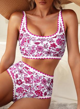 Imagem de Conjunto de biquíni Herseas Floral Color Block de cintura alta rosa para mulheres