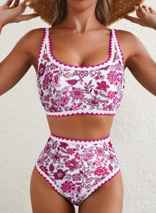 Imagem de Conjunto de biquíni Herseas Floral Color Block de cintura alta rosa para mulheres