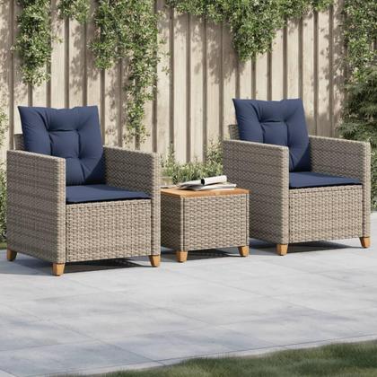 Imagem de Conjunto de bistrô ao ar livre VidaXL Grey Poly Rattan/Madeira de Acácia, 3 peças