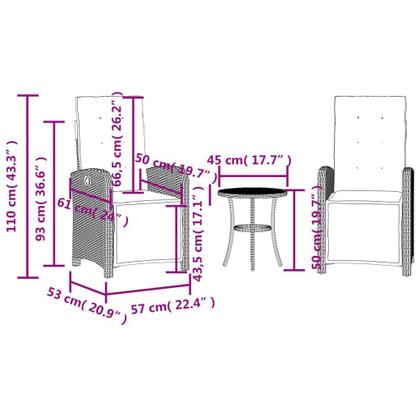 Imagem de Conjunto de bistrô vidaXL Grey Poly Rattan com cadeiras reclináveis e mesa