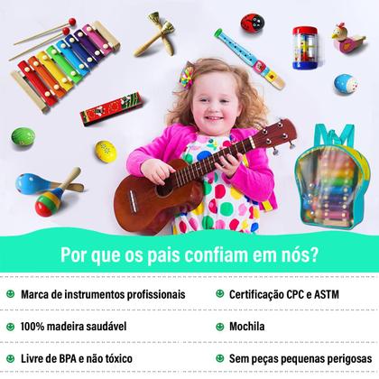 Imagem de Conjunto de Brinquedo Musical Educativo Infantil de Percussão Kit Triângulo Xilofone Harmônica Maracas Tamborim etc
