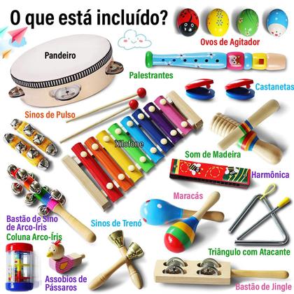 Imagem de Conjunto de Brinquedo Musical Educativo Infantil de Percussão Kit Triângulo Xilofone Harmônica Maracas Tamborim etc