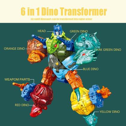 Imagem de Conjunto de brinquedos de transformador de dinossauro 6 em 1 - Brinquedos de dinossauros robôs infantis com conectores duráveis, 6 peças de robôs Dino para crianças, brinquedos educacionais STEM 6 em 1 - -