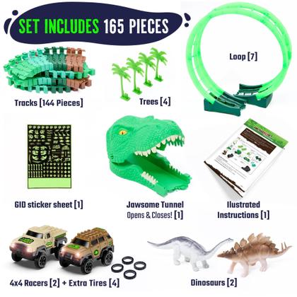 Imagem de Conjunto de brinquedos Dinosaur Jurassic Race Track Train Glow in The Dark World JITTERYGIT Dino Racetrack Park com T-Rex e Triceratops