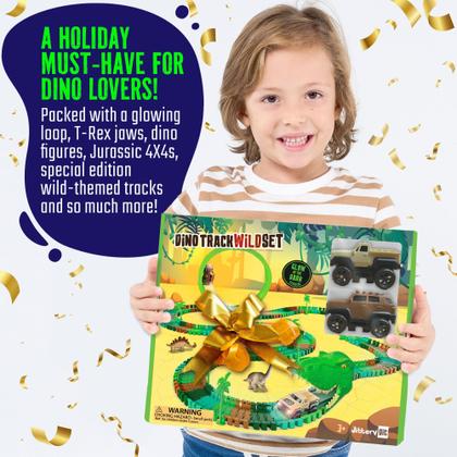 Imagem de Conjunto de brinquedos Dinosaur Jurassic Race Track Train Glow in The Dark World JITTERYGIT Dino Racetrack Park com T-Rex e Triceratops