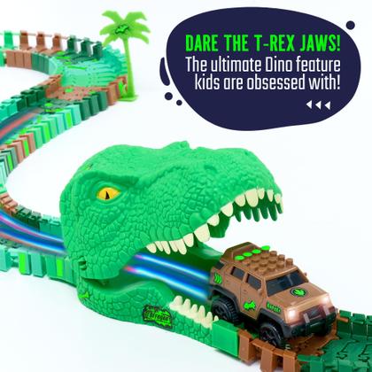 Imagem de Conjunto de brinquedos Dinosaur Jurassic Race Track Train Glow in The Dark World JITTERYGIT Dino Racetrack Park com T-Rex e Triceratops