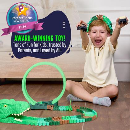 Imagem de Conjunto de brinquedos Dinosaur Jurassic Race Track Train Glow in The Dark World JITTERYGIT Dino Racetrack Park com T-Rex e Triceratops