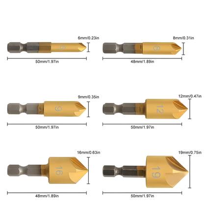 Imagem de Conjunto De Brocas Escareadoras Hexagonais De 1/4 Com 5 Lâminas Para Madeira, Metal E Plástico