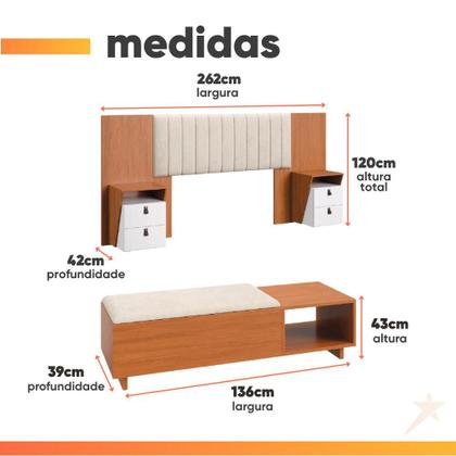 Imagem de Conjunto de Cabeceira Extensível c/ Mesa de Cabeceira e Calçadeira Veludo Malaga Madeirado/Off White