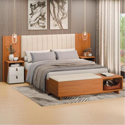 Imagem de Conjunto de Cabeceira Extensível c/ Mesa de Cabeceira e Calçadeira Veludo Malaga Madeirado/Off White