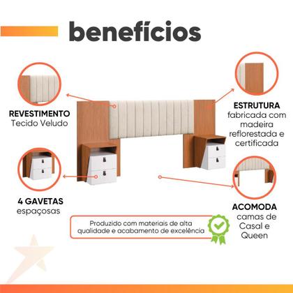 Imagem de Conjunto de Cabeceira Extensível c/ Mesa de Cabeceira e Calçadeira Veludo Malaga Madeirado/Off White