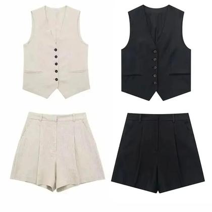 Imagem de Conjunto De Calças De Verão Casuais Vintage Femininas Em Algodão E Linho Com Shorts De Cintura Alta