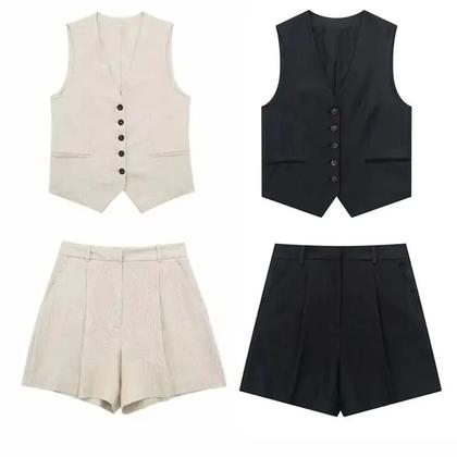 Imagem de Conjunto De Calças De Verão Casuais Vintage Femininas Em Algodão E Linho Com Shorts De Cintura Alta