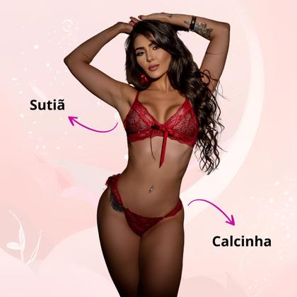 Imagem de Conjunto de Calcinha e Sutiã em Renda com Alças Reguláveis e Detalhe de Brilho