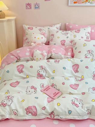 Imagem de Conjunto De Cama De 4 Peças Com Tema De Hello Kitty, Estilo Anime, Em Microfibra Macia, Com Capa De