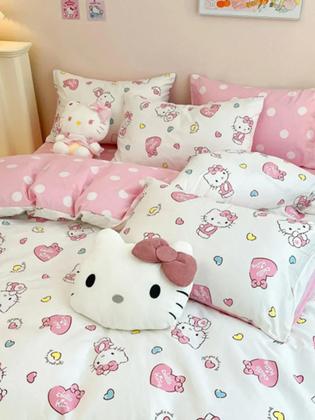 Imagem de Conjunto De Cama De 4 Peças Com Tema De Hello Kitty, Estilo Anime, Em Microfibra Macia, Com Capa De