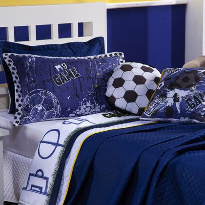 Imagem de Conjunto de Cama Kit SOLTEIRO 06 Peças Colcha Infantil Cobre Leito Dupla Face Futebol Game Azul Marinho com Almofadas Quarto Menino Copa do Mundo