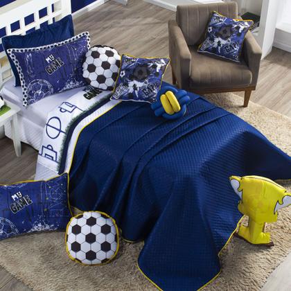 Imagem de Conjunto de Cama Kit SOLTEIRO 06 Peças Colcha Infantil Cobre Leito Dupla Face Futebol Game Azul Marinho com Almofadas Quarto Menino Copa do Mundo