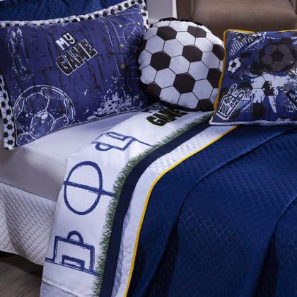 Imagem de Conjunto de Cama Kit SOLTEIRO 06 Peças Colcha Infantil Cobre Leito Dupla Face Futebol Game Azul Marinho com Almofadas Quarto Menino Copa do Mundo