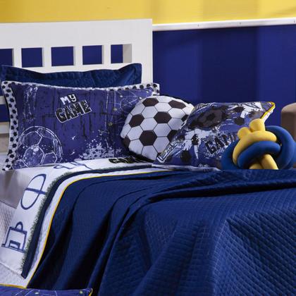 Imagem de Conjunto de Cama Kit SOLTEIRO 06 Peças Colcha Infantil Cobre Leito Dupla Face Futebol Game Azul Marinho com Almofadas Quarto Menino Copa do Mundo