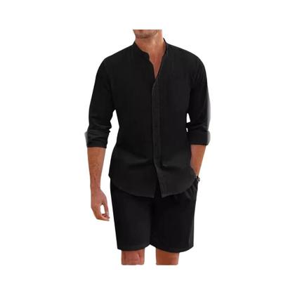 Imagem de Conjunto De Camisa De Linho De Algodão Para O Verão Masculino Com Calças Curtas E Cardigan Casual