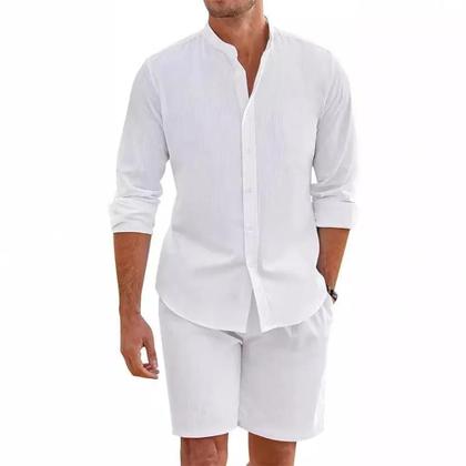 Imagem de Conjunto De Camisa De Linho De Algodão Para O Verão Masculino Com Calças Curtas E Cardigan Casual