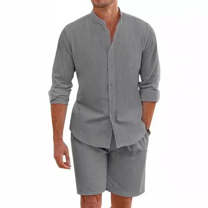 Imagem de Conjunto De Camisa De Linho De Algodão Para O Verão Masculino Com Calças Curtas E Cardigan Casual