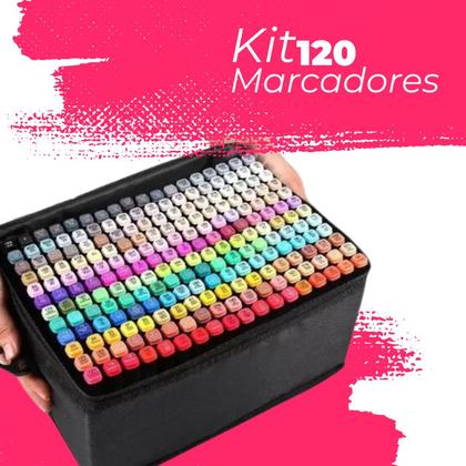 Imagem de Conjunto De Canetas Marcador Permanente Ponta Dupla Escolar Kit 120 Cores Pincel Colorido Desenho