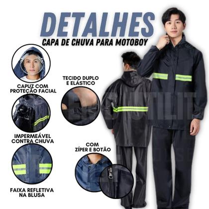 Imagem de Conjunto de Capa de Chuva para Motoboy com Capuz de Proteção Facial e Faixa Refletiva Impermeável