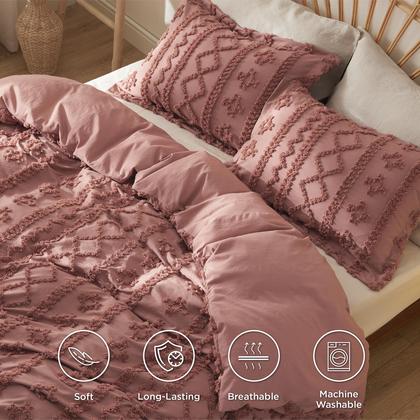 Imagem de Conjunto de Capa de Edredom Bedsure Boho Queen Size - Rosa Escuro