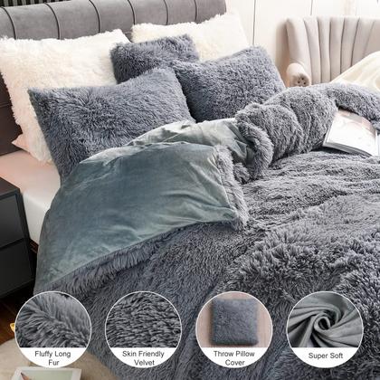 Imagem de Conjunto de Capa de Edredom BLEUM CADE Fluffy Plush Twin Size Cinza Escuro