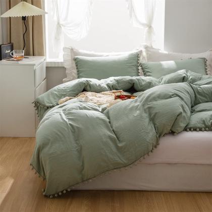 Imagem de Conjunto de capa de edredom IHOUSTRIY Ball Fringe Pattern Dark Sage Green