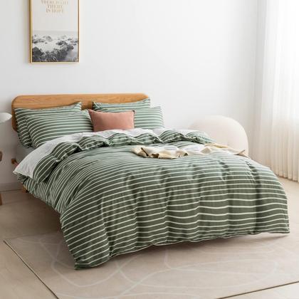 Imagem de Conjunto de capa de edredom JELLYMONI totalmente verde de algodão com listras brancas