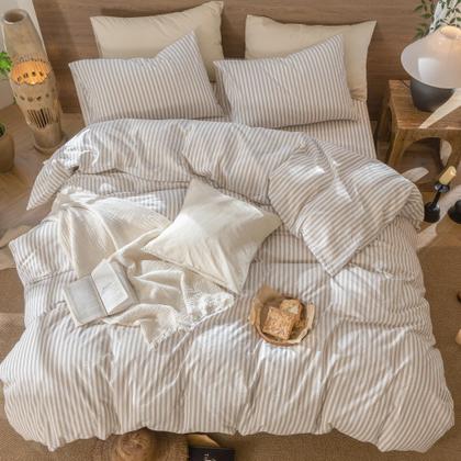 Imagem de Conjunto de capa de edredom MooMee listrado 100% algodão lavado King