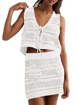 Imagem de Conjunto de capa de natação Saodimallsu feminino de crochê com decote em V branco