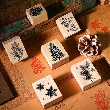 Imagem de Conjunto de carimbos de borracha Watersay, 6 peças de artesanato de madeira de Natal