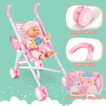 Imagem de Conjunto de carrinho de bebê DeAO com boneca de 33 cm e 18 acessórios