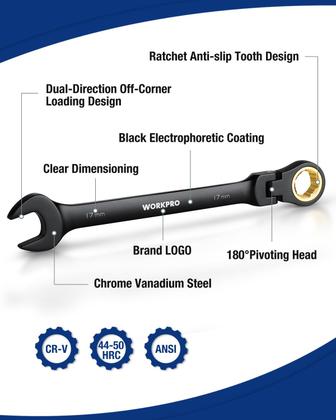 Imagem de Conjunto de chaves combinadas com catraca WORKPRO, 8 peças, 8-17 mm