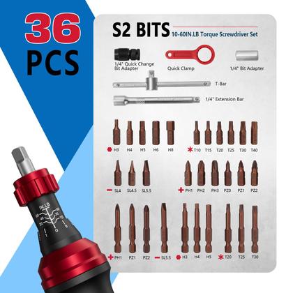 Imagem de Conjunto de chaves de fenda de torque SUERCUP 10-60in.lb 1/4 com 36 bits 36PC