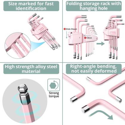 Imagem de Conjunto de chaves hexagonais rosa COLFULINE, 9 peças, 1,5 a 10 mm