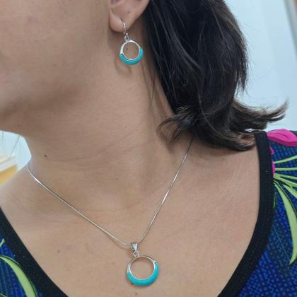 Imagem de Conjunto de colar e brinco redondo Prata 925 turquesa 45cm